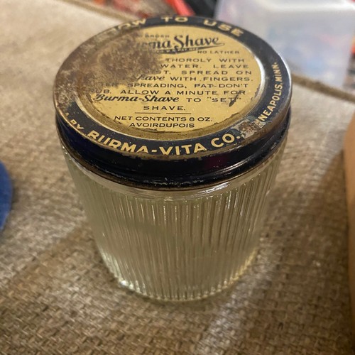 Vintage Burma-Shave Glass Jar 8 oz Ribbed Embossed Burma-Vita Co Minneapolis MN