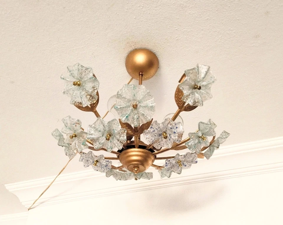 Antique Vintage Murano Milk Glass Chandelier Floral Daisy Wall art 3 Lamps - Image 3 of 4