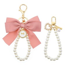 2Pcs Pink Bow Key Chain, Pearl Keychain Wristlet, Bow Charm for Purse, Cute Bag