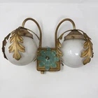 Vintage Double Wall Sconce Oak Leaf Brass Milk Glass Shades UNTESTED