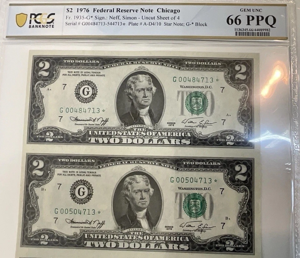 1976 $2 Federal Reserve Note Uncut Sheet of 4 Star Notes PCGS 66 PPQ GEM UNC - Image 3 of 4