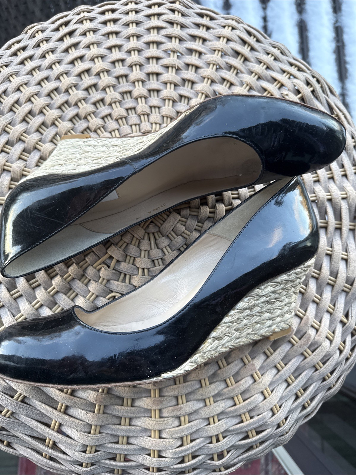 LK Bennett Maddox Black Patent Leather Espadrille Wedge Heel EU 39 US 8.5 Spain