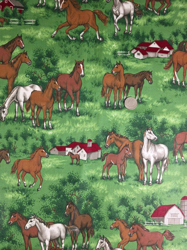 1 2/3 Yards Fabric Horses Farm Red Barn Cotton 44" Wide Vintage 1970s 80s G