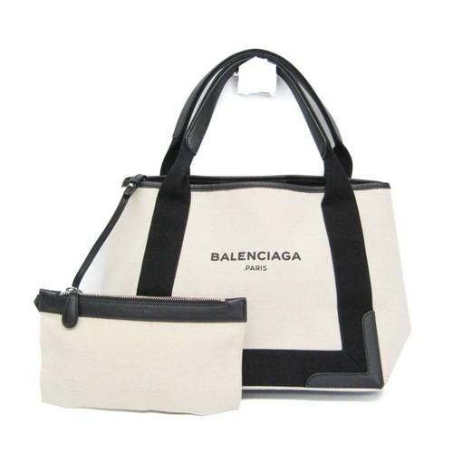 Balenciaga Navy Cabas S Canvas Leather Tote Bag Black White Authentic