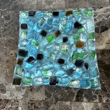 Handmade Fused Art Glass Square Dish Blue Green Crackle Boho Trinket Plate 4.5  