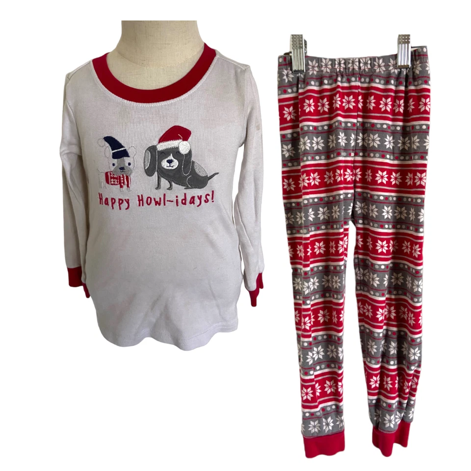 Gymboree Unisex Pajamas Sz 4 Gymmies Howl-idays 2 Pc Red Gray White Dogs - Image 4 of 4