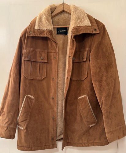 JCPenney, 1970s Vintage JCPenney 40R Ranch Coat Sherpa Lined Faux Suede USA Made