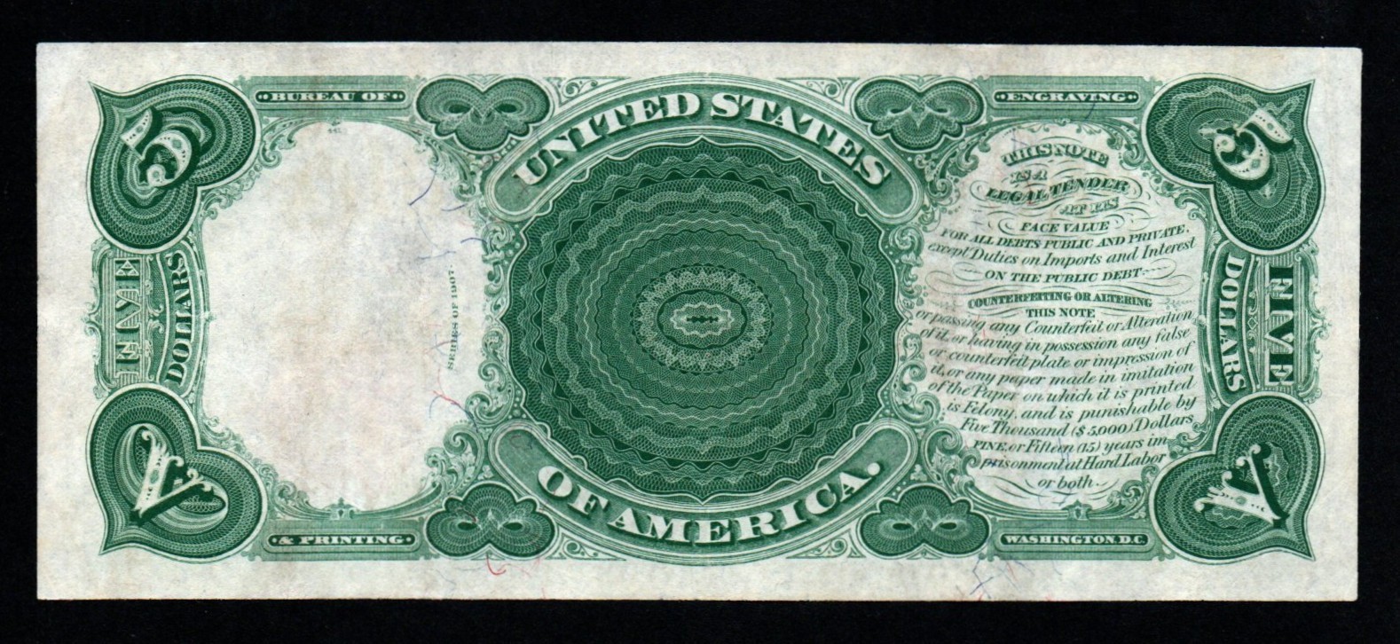 1907 $5 WOODCHOPPER LARGE Size CRISP AU+ Legal Tender United States Note!