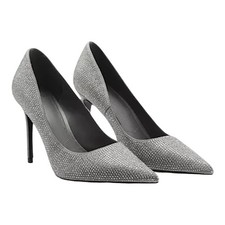 Mango Rhinestone Embellished Pointed Toe Satin Heel Pump Gray Women Size 39/ 8.5