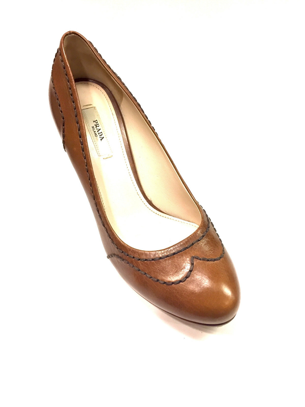 PRADA Tan Leather Rounded-Toe Stitching Accent Pl… - image 5