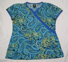 med couture scrub top womens XS blue w/ green paisley 2 pocket
