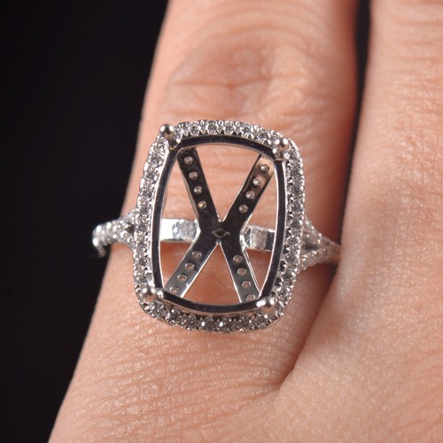 Cushion Custom 12×9mm Women Engagement Halo Ring Semi Mount Solid 14K White Gold - Picture 12 of 13