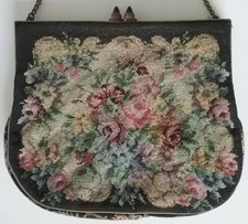 Petit Point Floral Tapestry Purse Clutch Vintage 1940's Austria Glass Closure Br