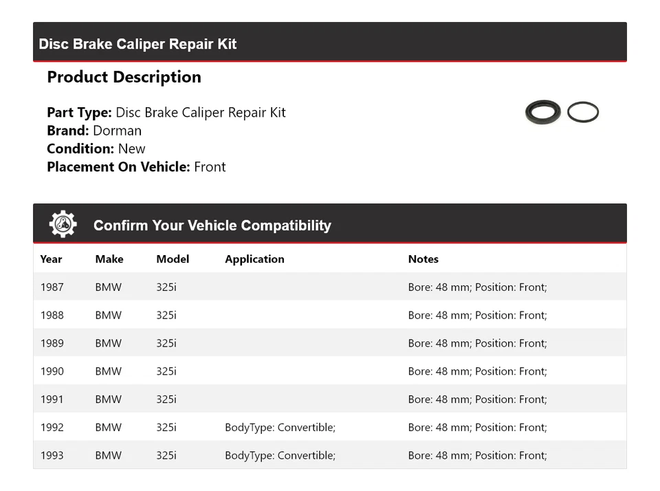 Kit de reparación de pinza de freno de disco delantera para BMW 325i Dorman 1987-1993 1988 1989 1990 Foto 2 de 4