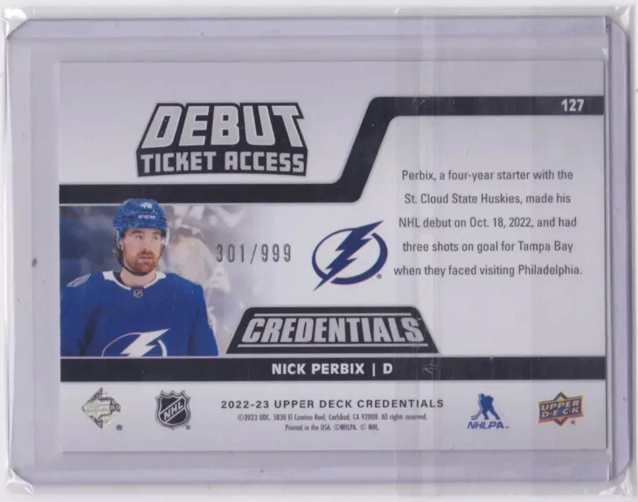 2022-23 UD CREDENTIALS HORIZONTAL DEBUT TICKET /999 NICK PERBIX #127 LIGHTNING - Image 2 of 2