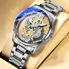Luxury Mens Skeleton Dial Quartz Watch Stainless Steel Band Steampunk Wristwatch