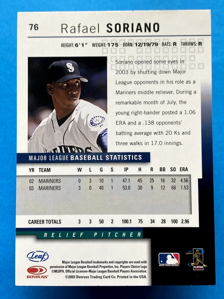 2004 Leaf Second Edition Rafael Soriano #76 Seattle Mariners - Image 2 of 2