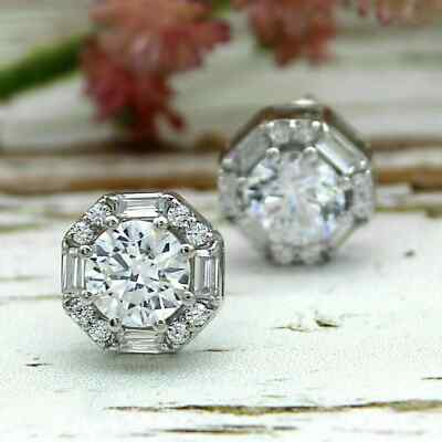 4.00 Ct Round Cut Real VVS1 Moissanite Halo Stud Earrings 14K White Gold Plated