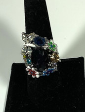 Cocktail Ring w/Purple Blue Stones with Flowers Silver Tone Size 7 New Statement