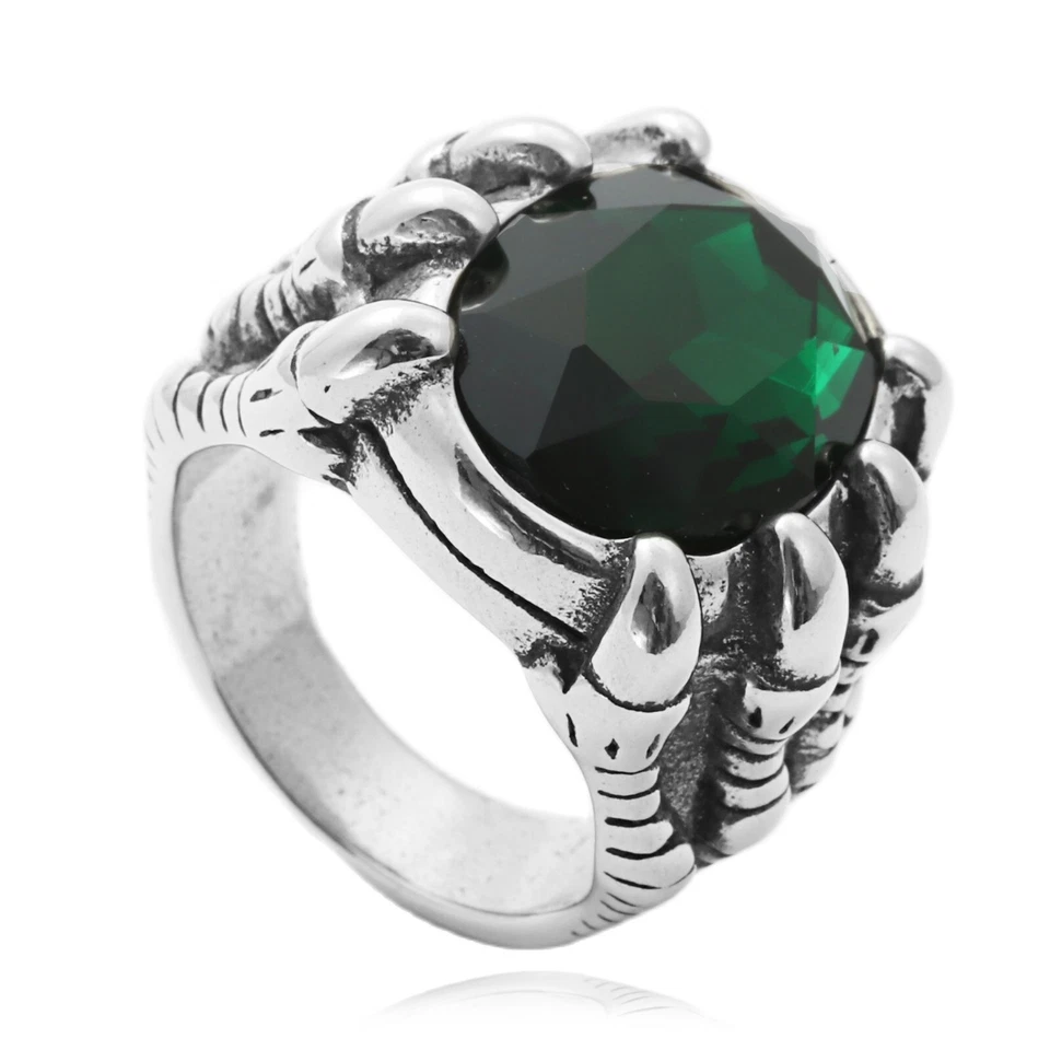 Anillo retro garra de dragón verde ovalado circonita cúbica de acero inoxidable para hombre talla 7-12 Foto 2 de 3