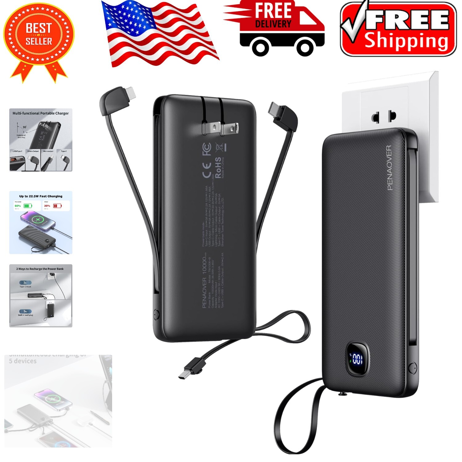 Slim 10000mAh Power Bank with Fast Charging and Built-in AC Plug  -image