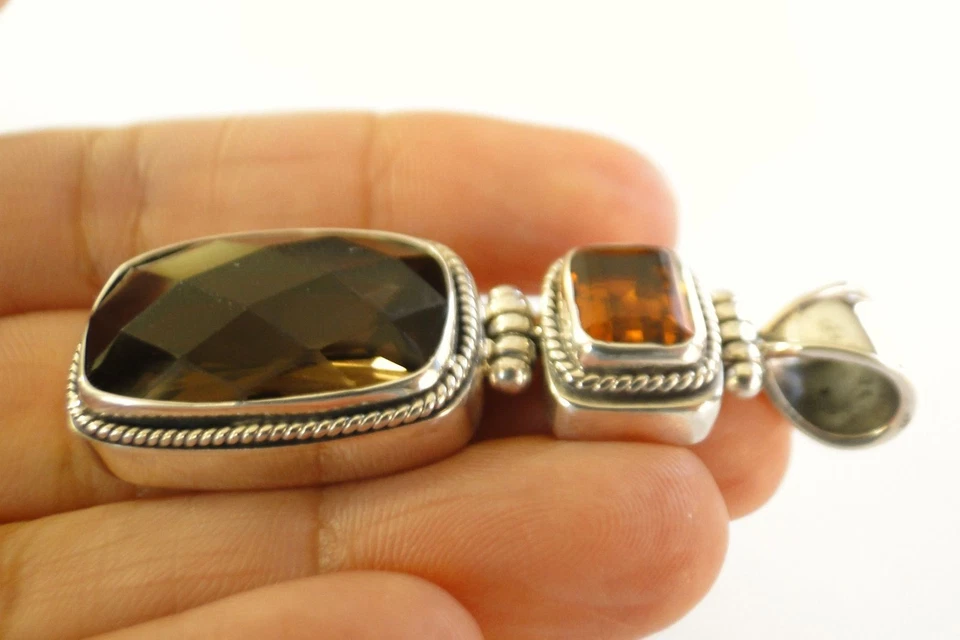 Colgante de plata de ley 925 de 2 piedras citrino amarillo cuarzo ahumado marrón Foto 3 de 4
