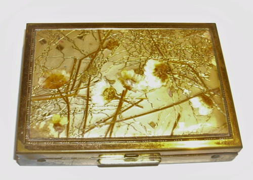 Vtg 1970's Brass Powder Compact Pressed Flower Top Granny Core