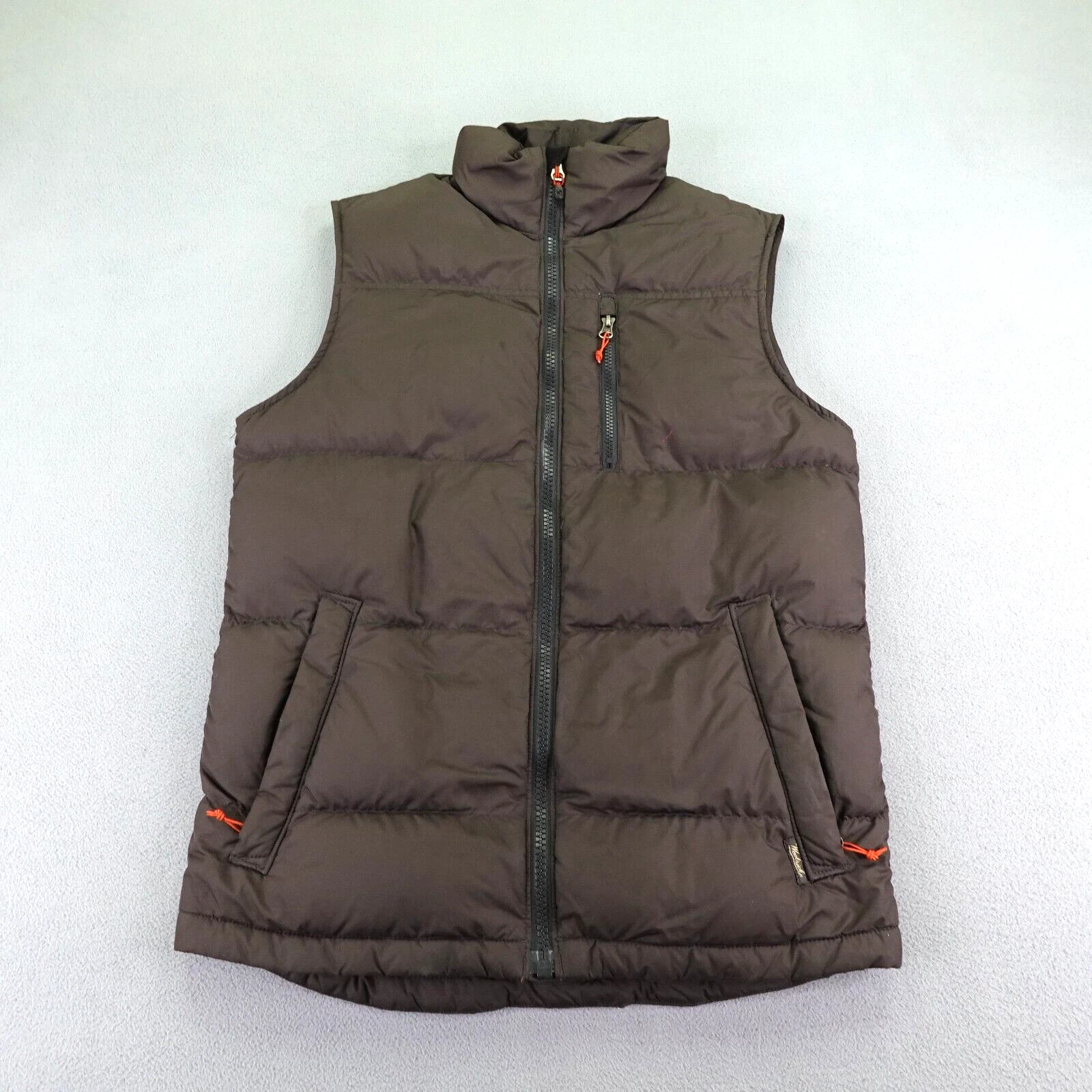 Woolrich Vest Mens Small Brown Puffer Duck Down Full Zip Up Quilted Outdoors ^