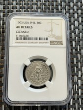 US Philippines 1903 20 Centavos Silver Coin NGC AU Details Cleaned First Year