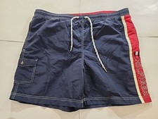 Vintage Y2K Tommy Hilfiger Swim Trunks Mens Lg Blue Lined Logo Spellout