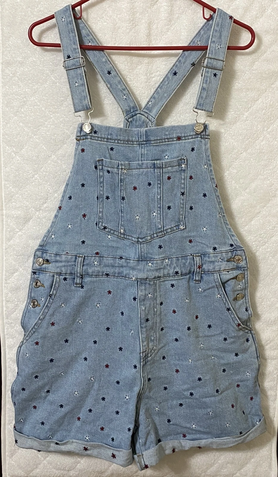 Patriotic Overalls Shorts Womens XL Pink Lily 4th of July Embroidered Stars USA