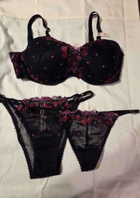 Victoria's Secret Cherry Pop Embroidered Bra 36D And Panties L *FREE GIFT*