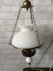 Vintage Hobnail Milk Glass Hurricane Hanging Lamp Copper Finish w/Clear Chimney
