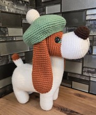 Crochet Bassett Hound Dog W/ Beret Hat Amigurumi Handmade 10" X 10"