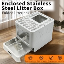 Big Stainless Steel Enclosed Cat Litter Box Top Entry Pull Bottom with Lid,Scoop