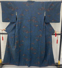 Japanese Vintage Kimono Silk Blue Oshima Traditional Authentic Length 61 in