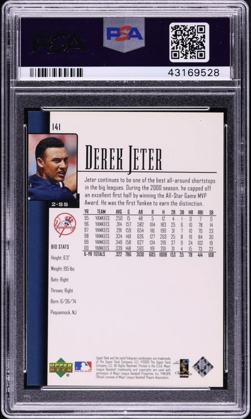 2001 Upper Deck Exclusives Gold /25 Derek Jeter #141 PSA 9 MINT New York Yankees view 2