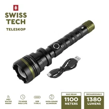 Swiss Tech Teleskop 1380 Lumen, Long Beam,LED Rechargeable Waterproof Flashlight