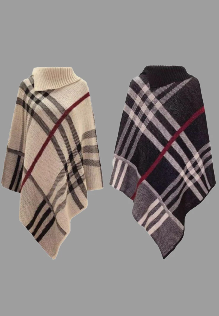 Women Ladies Tartan Check Poncho High Neck Knitted Collar Winter Cape Shawl