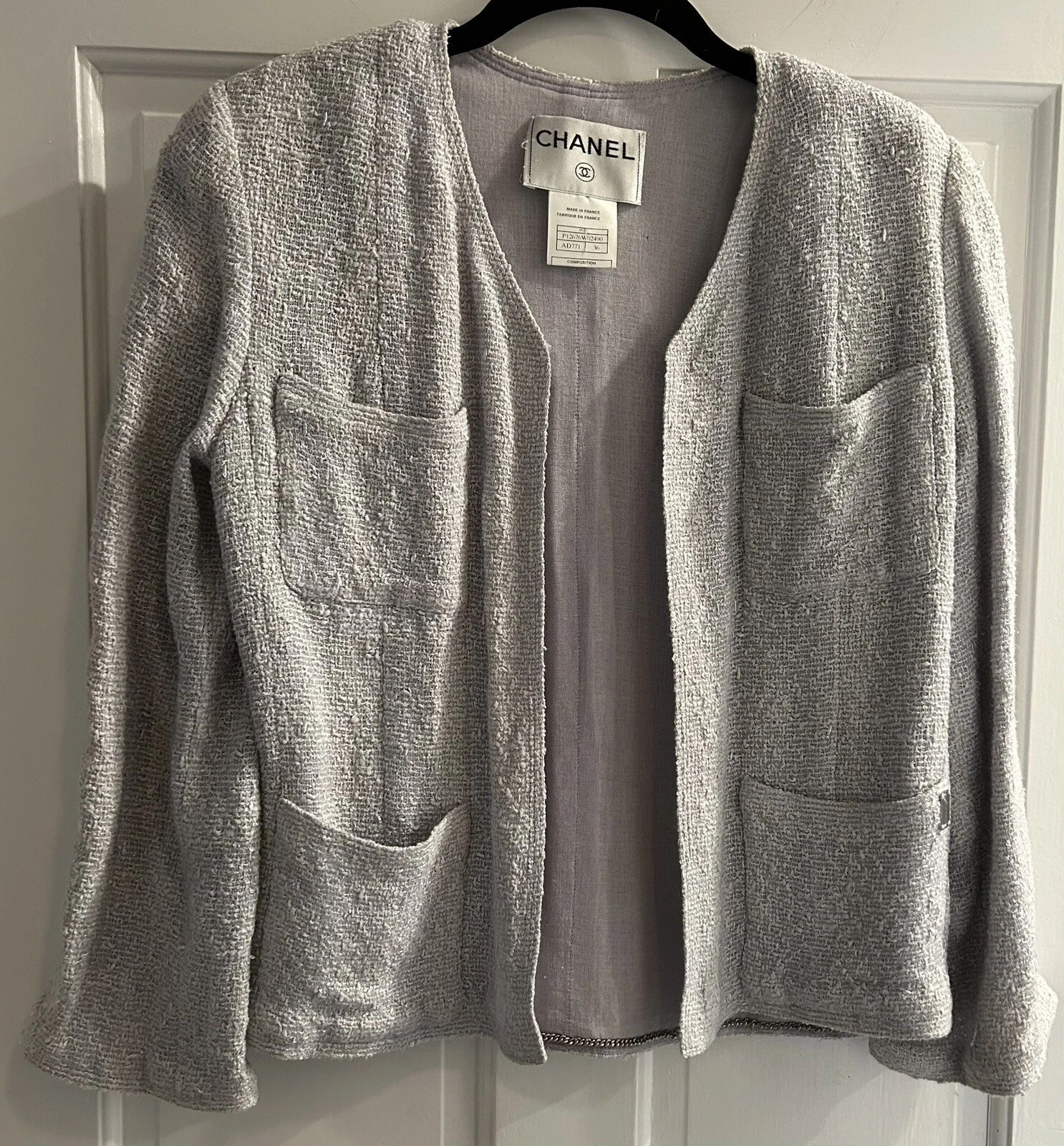 Giacca blazer vintage Chanel taglia 36 Nubby LT blu logo catena in orlo primavera 99 # 6207