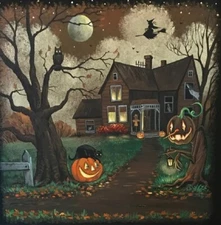 10x10 PRINT OF PAINTING RYTA HALLOWEEN WITCH LANDSCAPE BLACK CAT GHOST Folk Art
