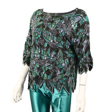 Vintage 70s/80s Heavily Beaded Sequin Top, Deco Floral S/M