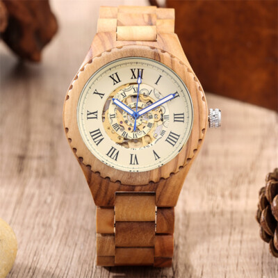 Luxus Herren Holzuhr Auto Mechanisch Skelett Armbanduhren Vollholzband
