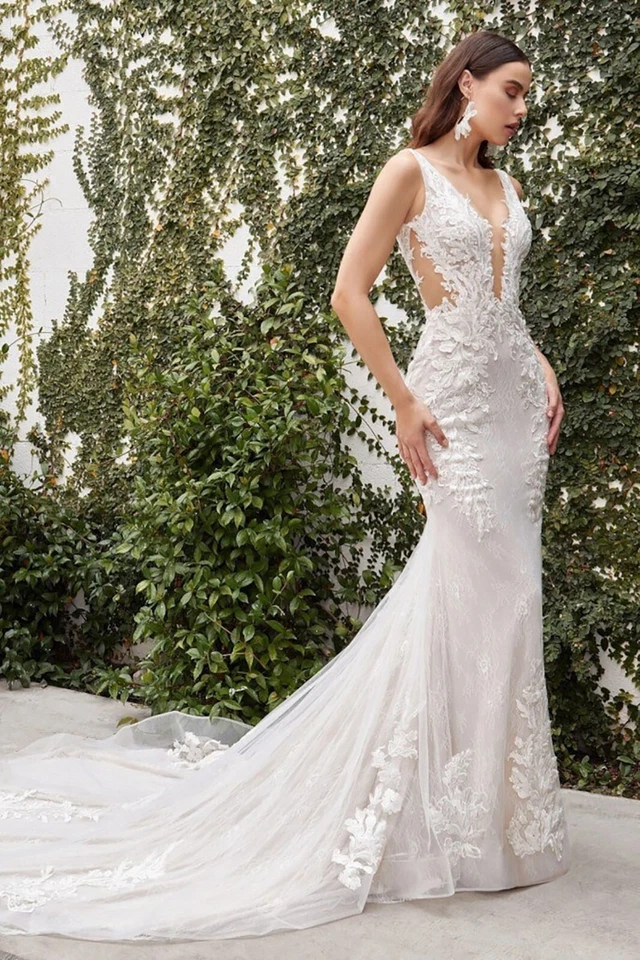 Wedding Bride Dresses Mermaid Sheath Bridal Ball Gowns Sleeveless Lace Appliques - Image 3 of 4