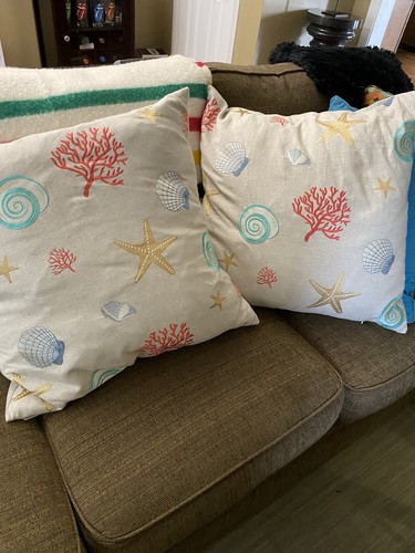 Throw Pillows (2) Embroidered 20 x 20 Coral beach tropical Designer Sofa - Picture 2 of 5