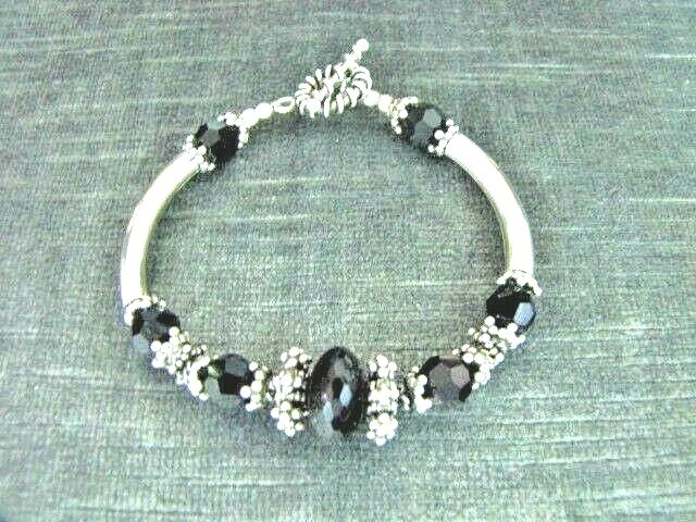 Swarovski Black Glass Beaded Bracelet with Balinese Sterling Silver 8 Inch OOAK-image