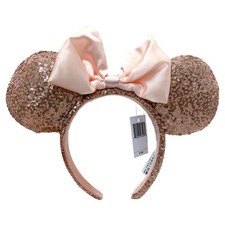 Disney-Parks Rose Gold Champagne Sequin Pink Bow Minnie Mouse Ears Headband