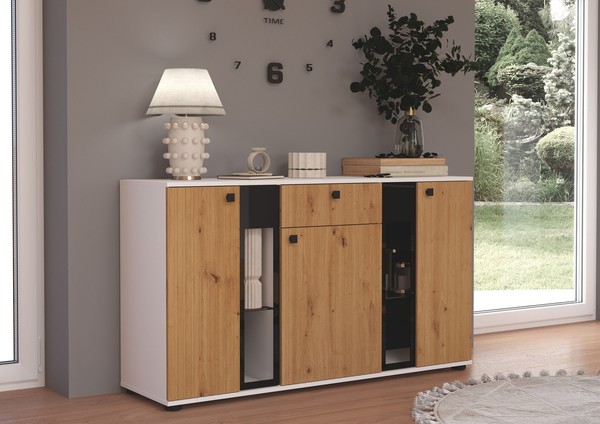 Kommode Salsa 2 Lamellenoptik Anbauwand Wohnwand Sideboard Mdf Artisan + Weiss-image