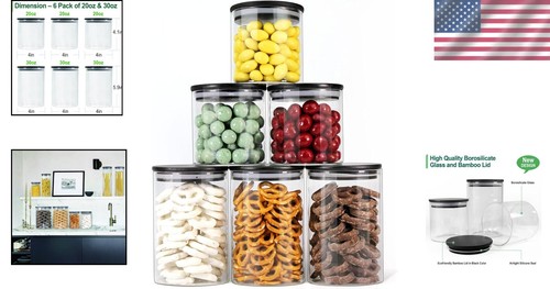 Airtight Food Storage Containers - 6 Pack of Elegant Glass Jars with Bamboo Lids - Picture 2 of 8