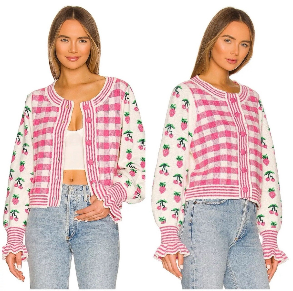 LoveShackFancy Keoni Strawberry Cardigan Sweater Fruit Punch